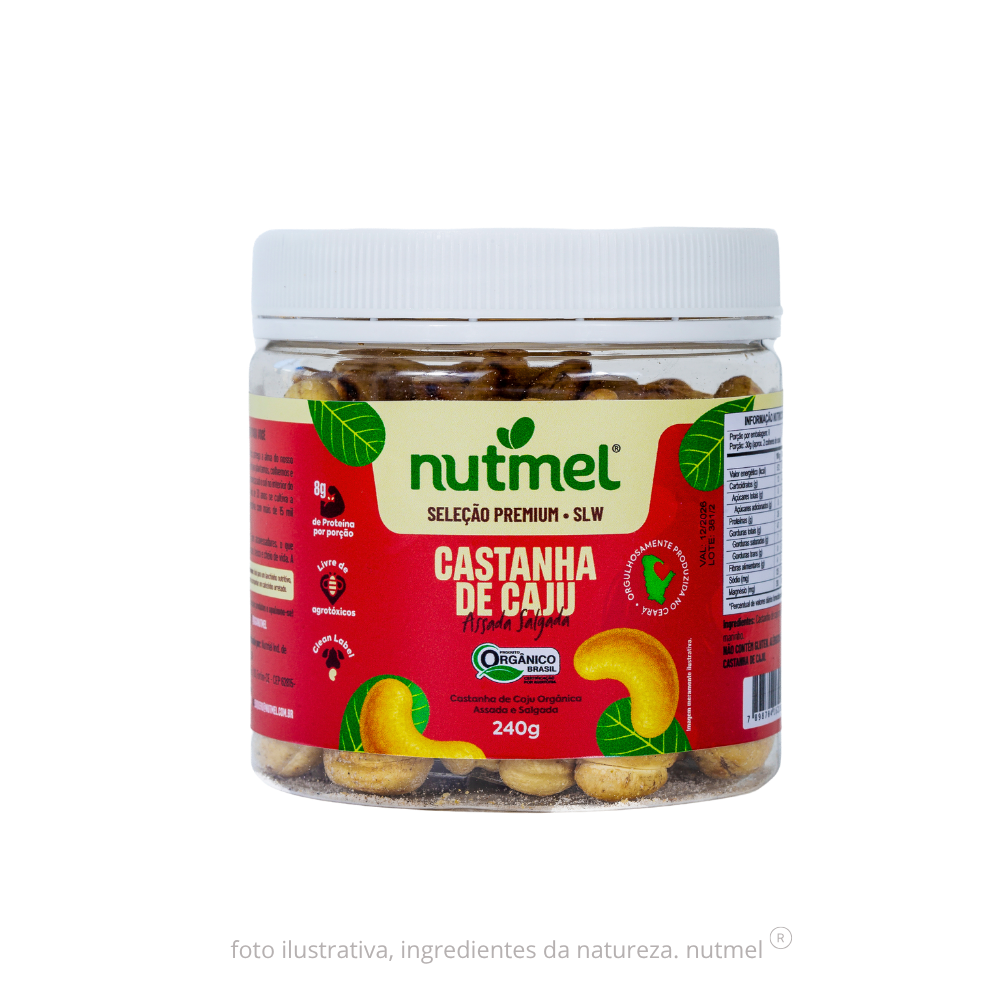 Castanha caju premium orgânica slw assada salgada pote 240g