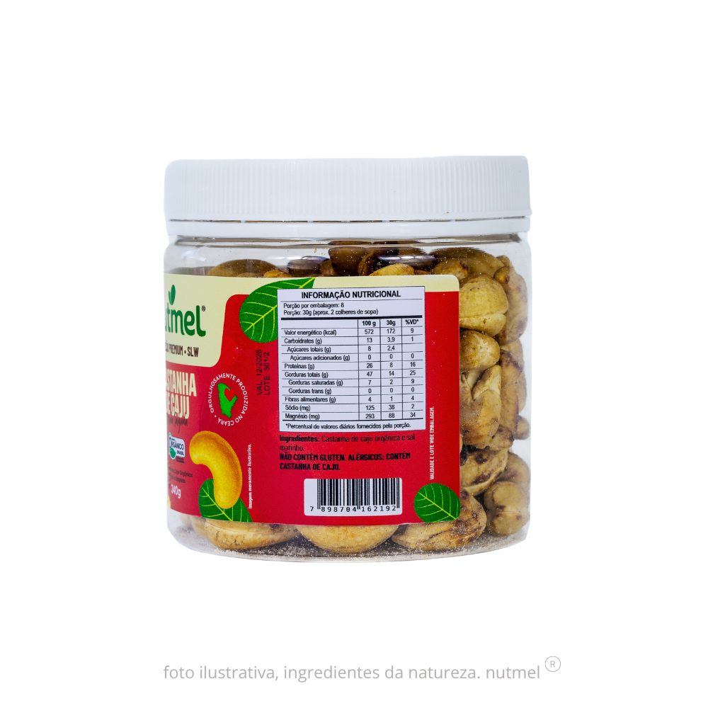 Castanha caju premium orgânica slw assada salgada pote 240g