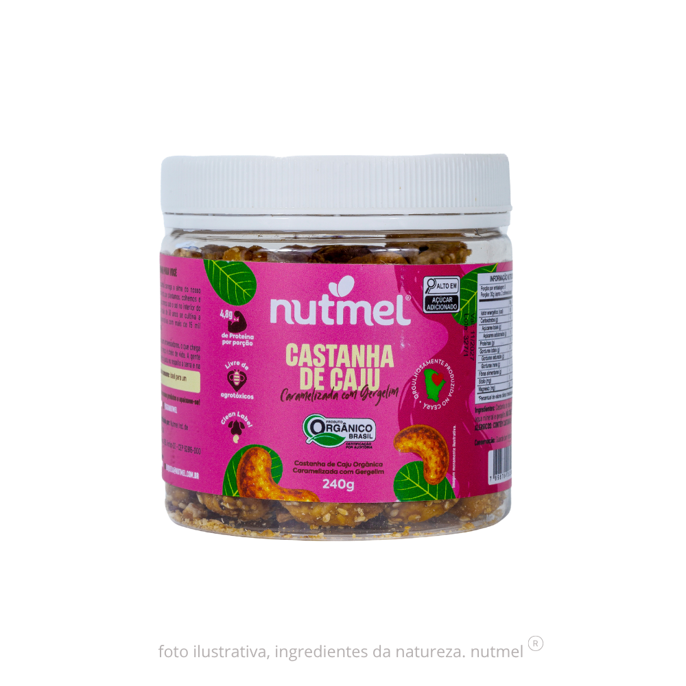 Castanha de caju orgânica caramelizada pote 240g