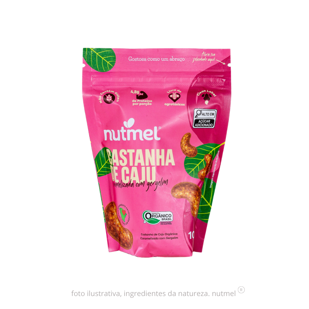 Castanha caju orgânica caramelizada com gergelim pouch 100g