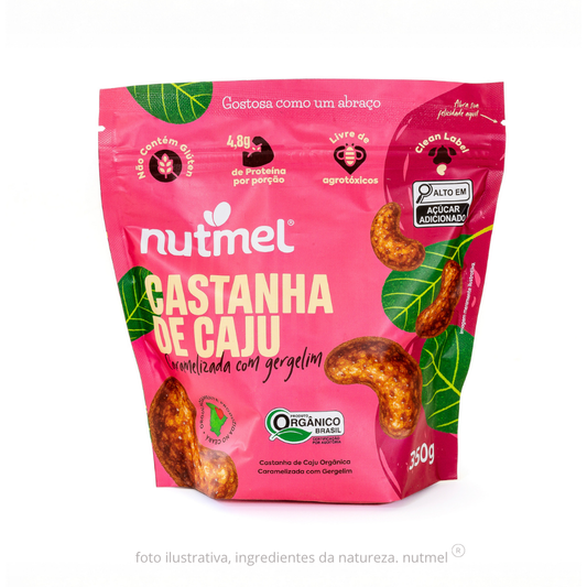Castanha caju orgânica caramelizada com gergelim pouch 350g